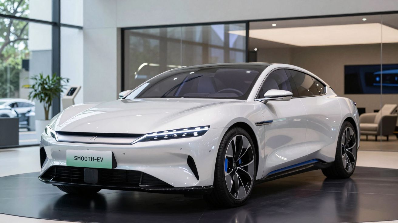 Carro elétrico branco elegante estacionado em exposição num interior moderno e luminoso.