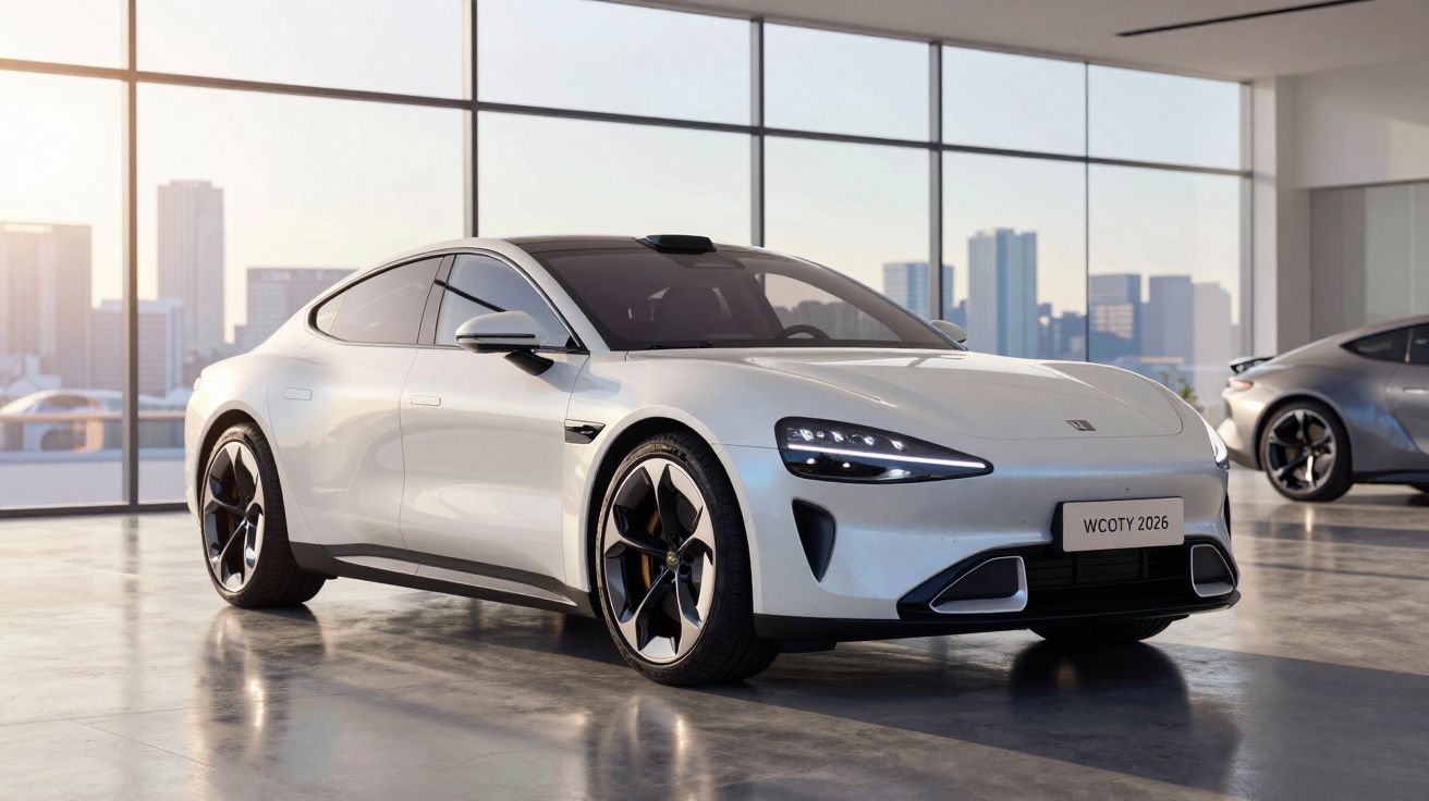 Carro elétrico branco moderno em showroom com grandes janelas e edifícios ao fundo.