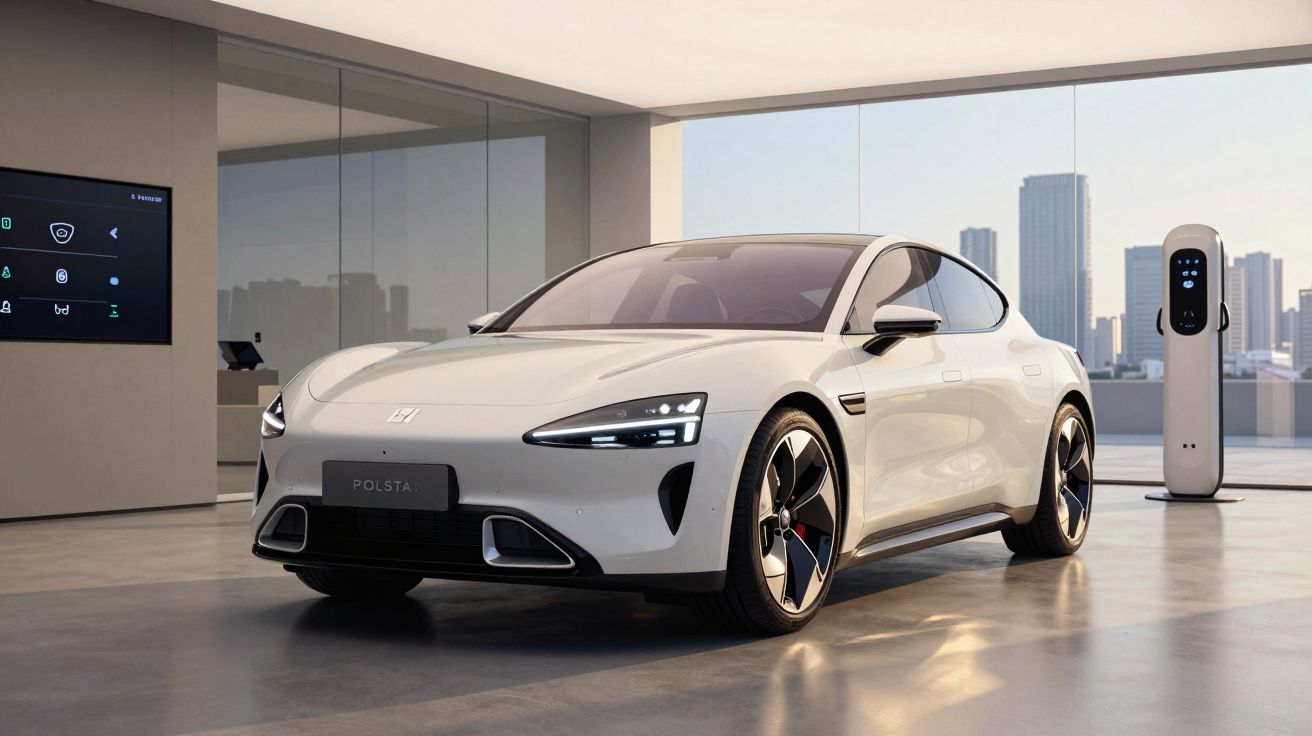 Carro elétrico branco estacionado num espaço interior moderno com carregador e vista para a cidade.