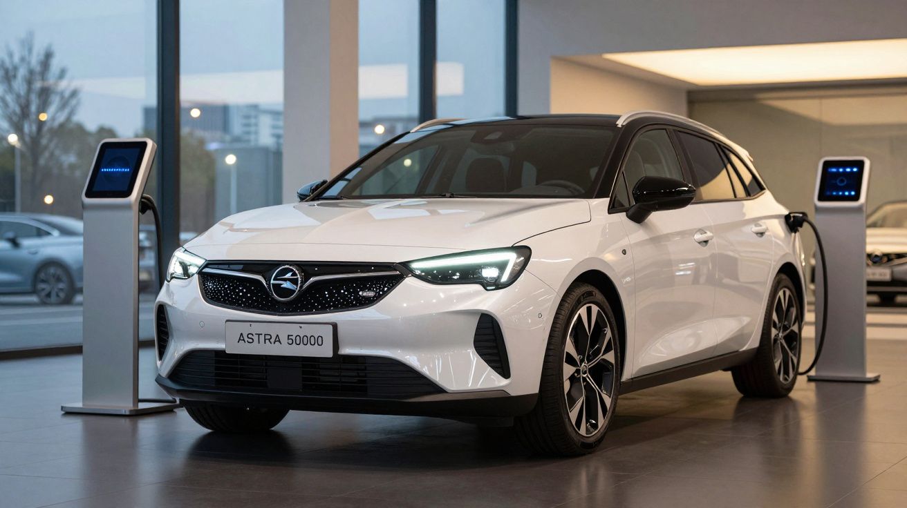 Carro elétrico branco Opel Astra 50000 a carregar numa estação interior moderna.