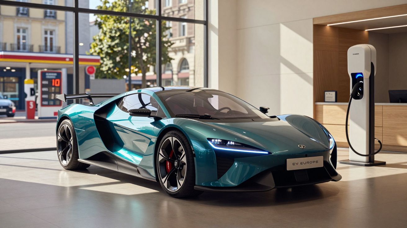 Carro desportivo elétrico azul verde estacionado em interior moderno ao lado de posto de carregamento.