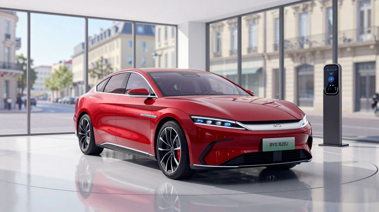 Carro elétrico vermelho moderno em exposição interior com carregador ao lado, janelas grandes e edifícios ao fundo.