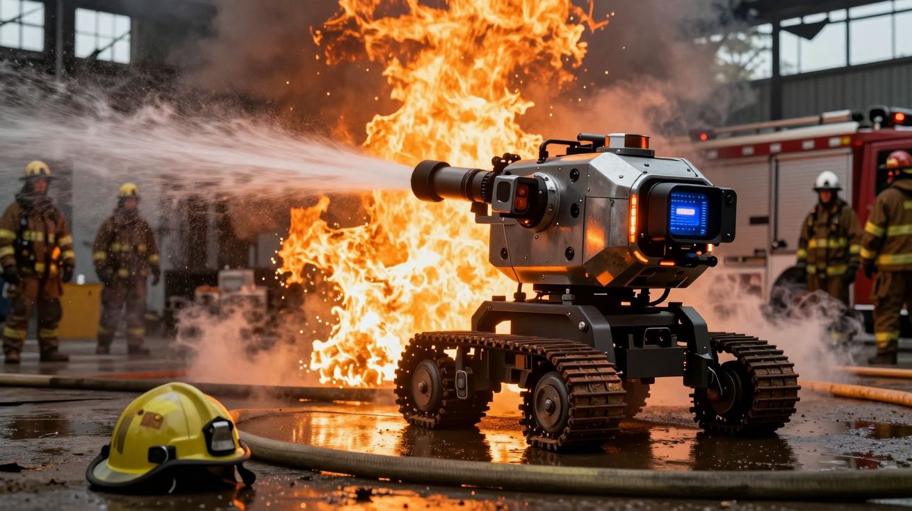 Robot de combate a incêndios em ação, lançando água contra fogo intenso dentro de um edifício.