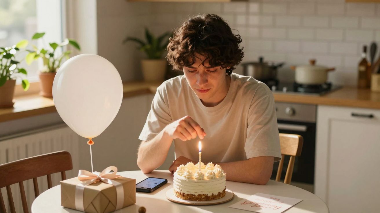 Jovem sentado a acender vela de bolo de aniversário numa mesa com presente, balão e telemóvel.