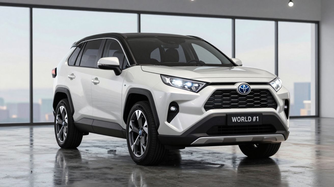 Toyota SUV branco estacionado em interior moderno com janelas amplas e vista urbana ao fundo.