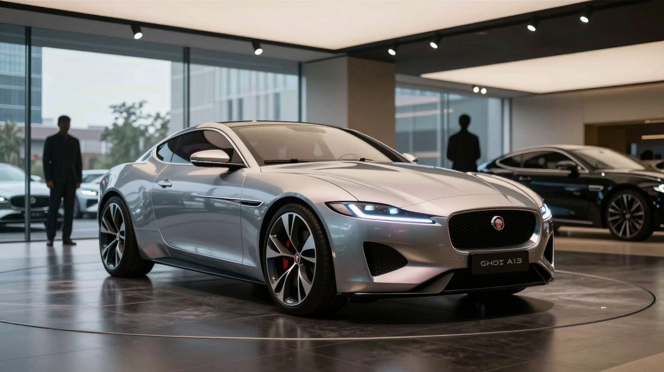 Carro desportivo cinza metálico exposto numa sala de showroom moderna com iluminação focada.