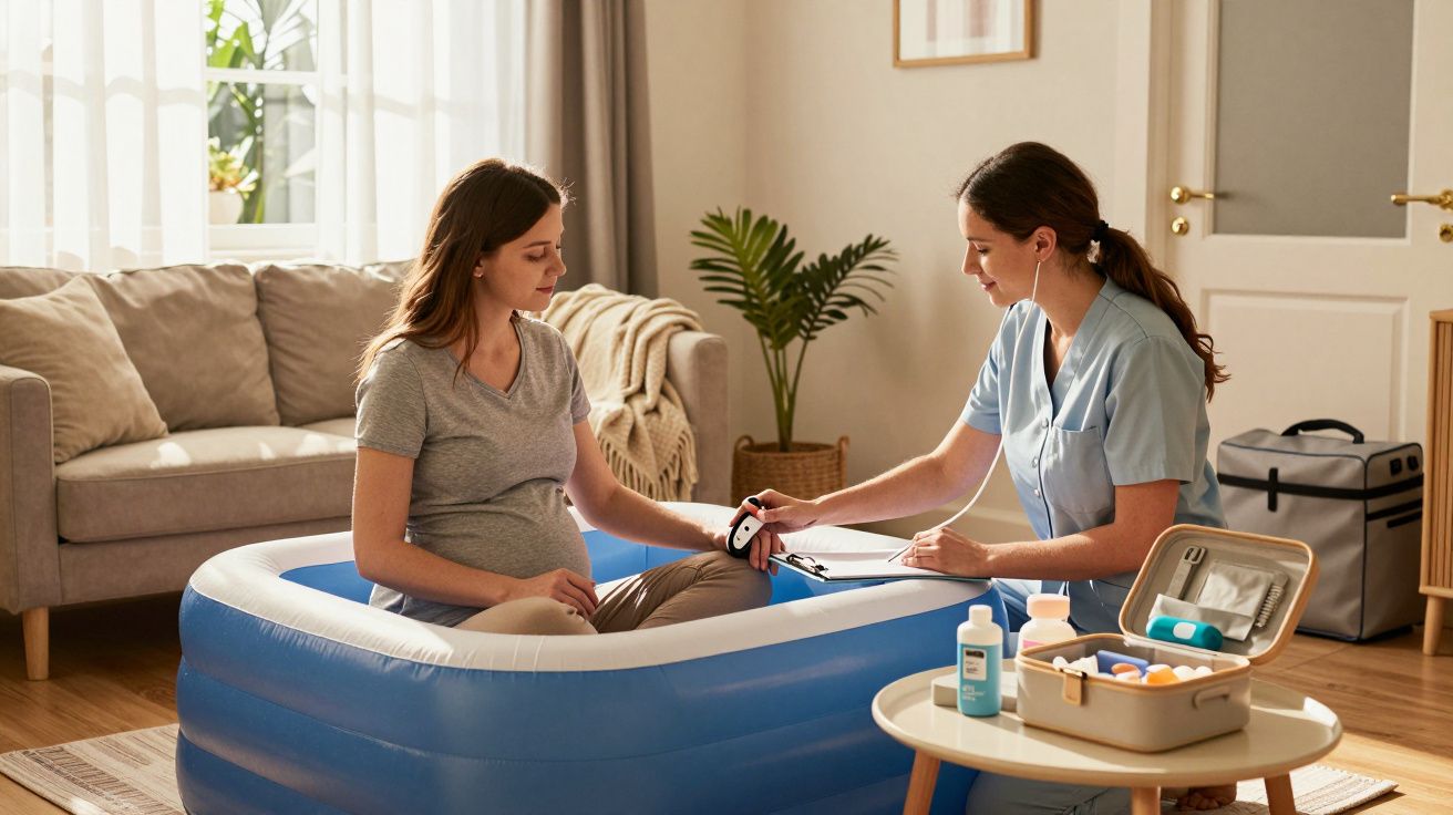 Mulher grávida numa banheira insuflável recebe cuidados de uma enfermeira num ambiente doméstico.