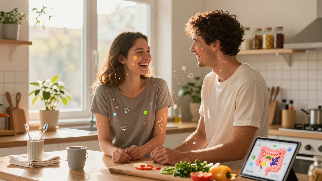 Casal jovem sorridente conversa na cozinha com tablet mostrando ilustração do sistema digestivo.