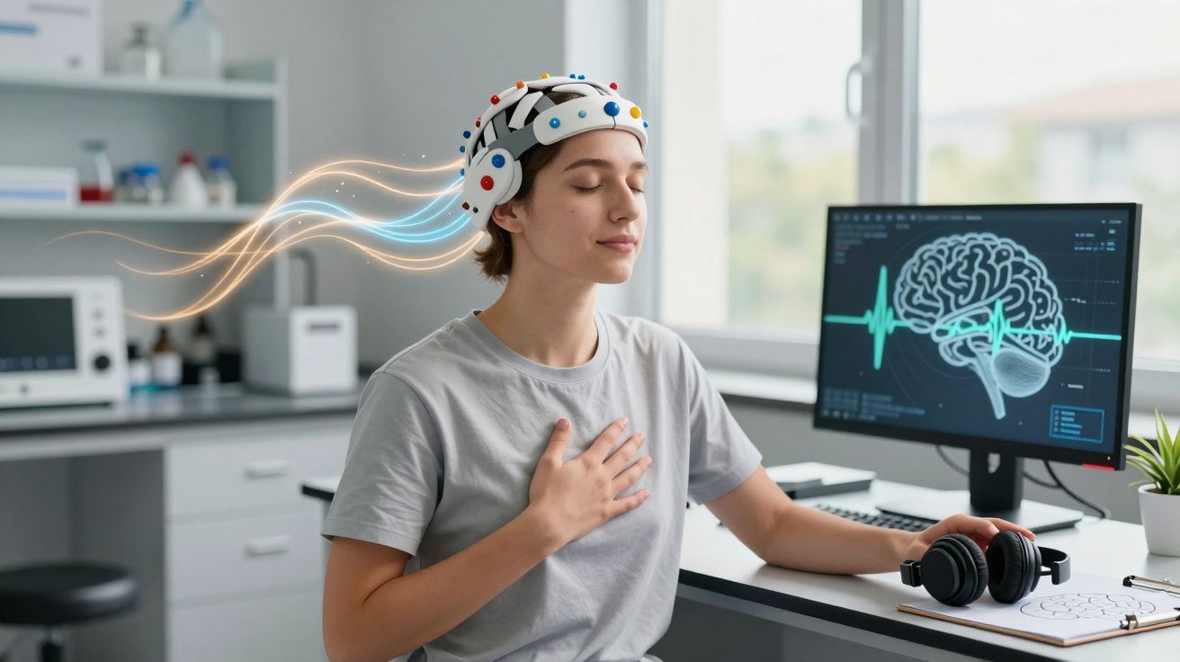 Mulher com dispositivo EEG na cabeça em laboratório, com mão no peito e monitor mostrando cérebro e batimentos cardíacos.