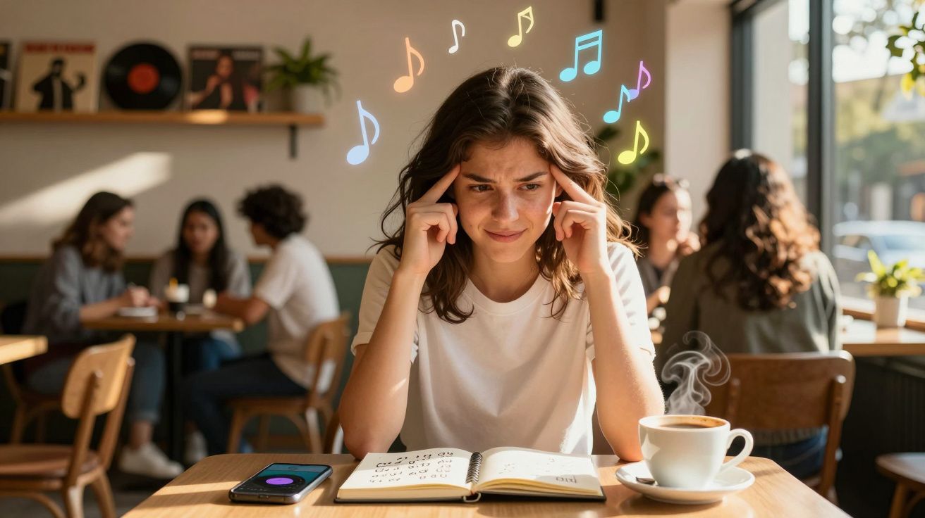 Jovem com expressão concentrada tenta focar, com notas musicais coloridas à volta da cabeça.