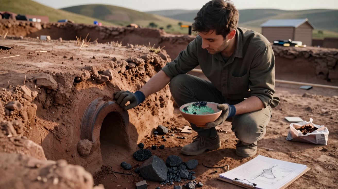 Jovem arqueólogo escava e examina artefactos num sítio arqueológico com anotações e ferramentas.