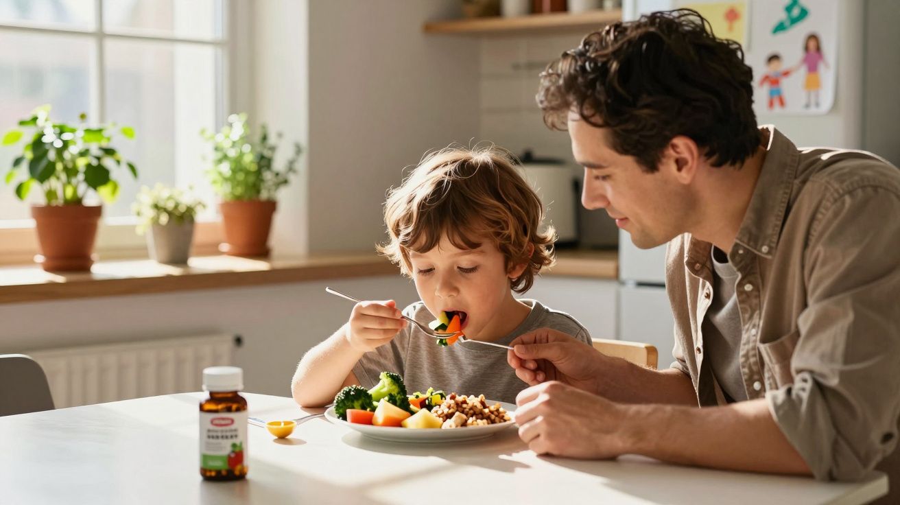 Pai ajuda filho a comer legumes e grãos durante a refeição numa cozinha iluminada e acolhedora.