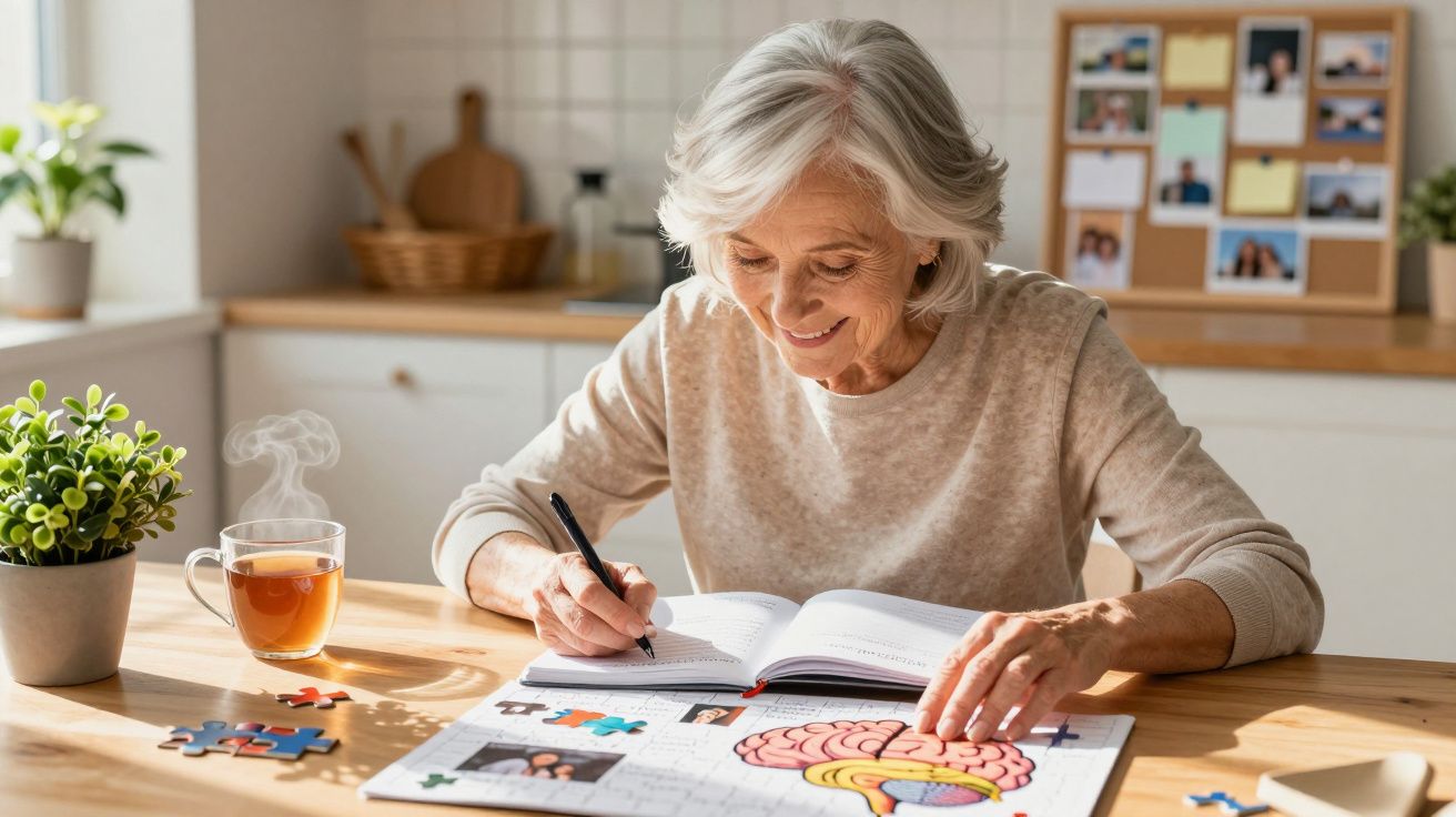 Mulher sénior sentada numa mesa a escrever num caderno, com chá quente e peças de puzzle ao lado.