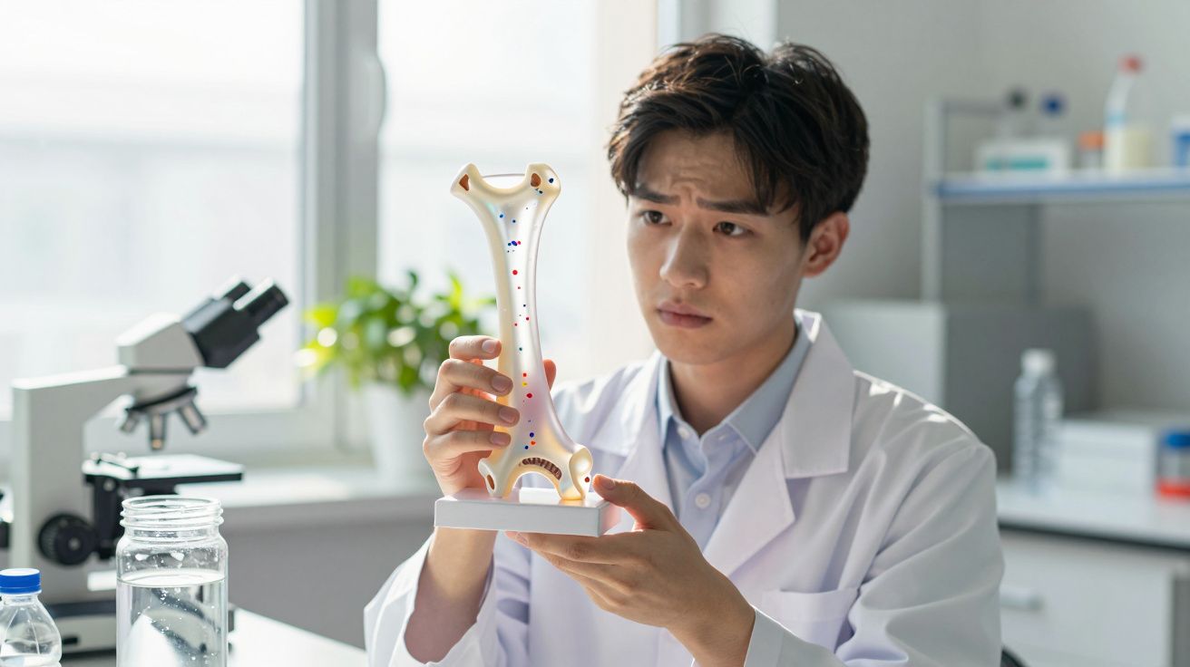 Cientista em bata branca analisa modelo anatómico de osso num laboratório iluminado.