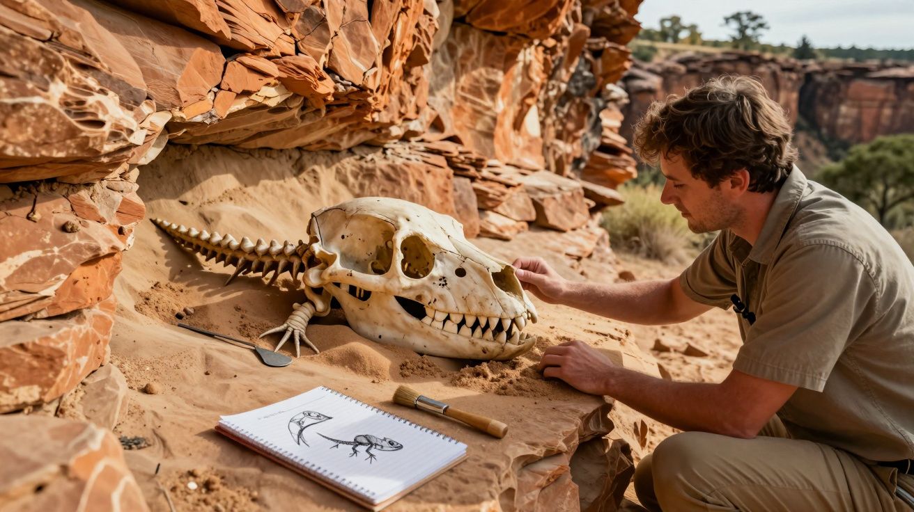 Homem a examinar um esqueleto fóssil com ferramentas arqueológicas numa paisagem rochosa.