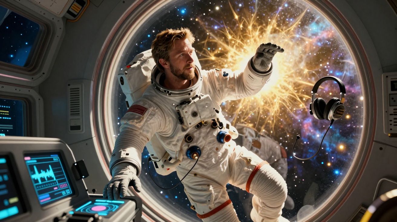 Astronauta dentro de uma nave espacial flutua próximo a uma janela com vista para o espaço e auscultadores suspensos.