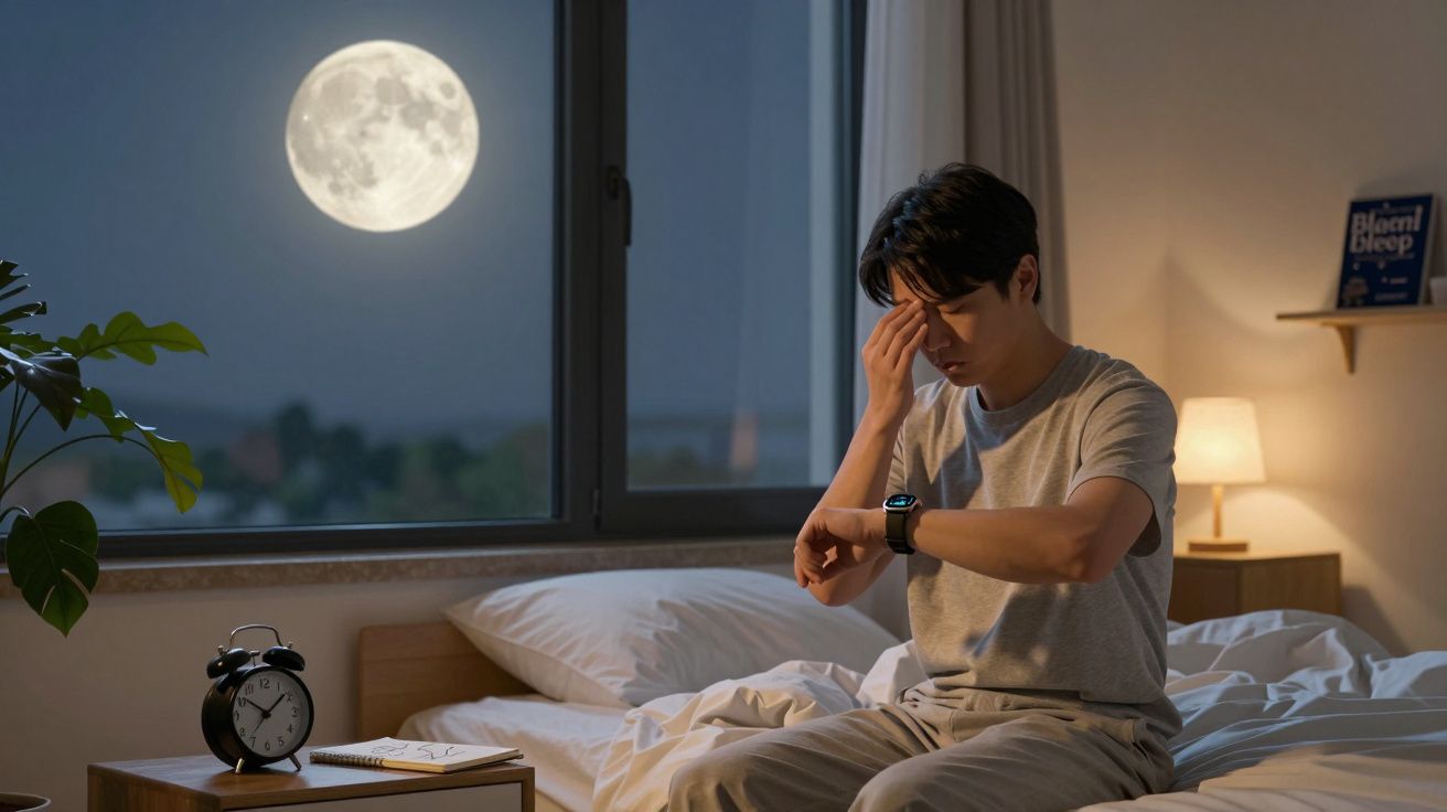 Homem sentado na cama à noite, olhando para o relógio, com a lua cheia visível pela janela.