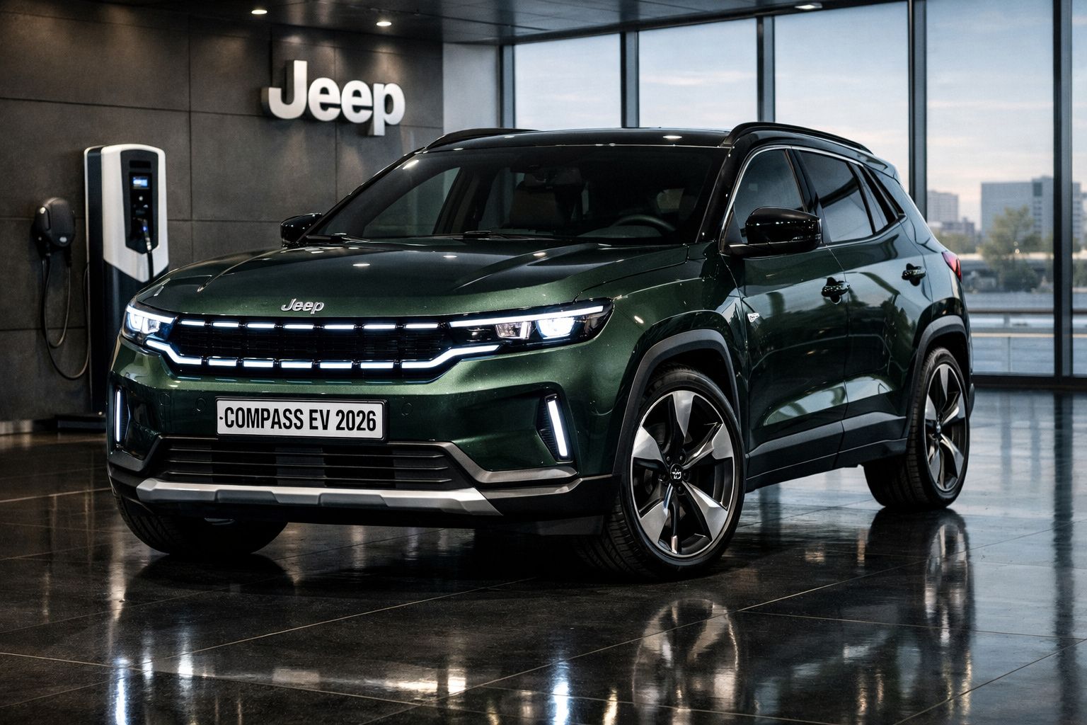 Carro elétrico Jeep Compass EV 2026 verde estacionado interior moderno junto a posto de carregamento.