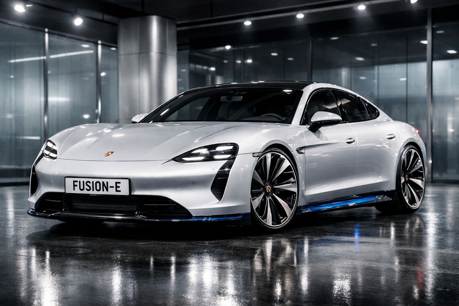 Carro desportivo elétrico prata estacionado em ambiente moderno, com iluminação refletida no chão molhado.