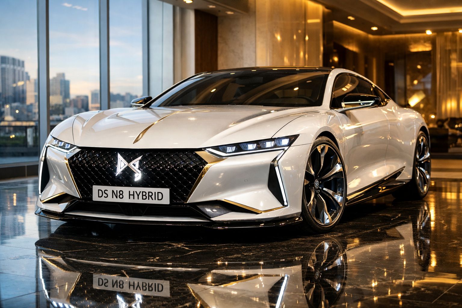 Carro desportivo branco DS N8 Hybrid estacionado em espaço interior luxuoso com chão refletor.