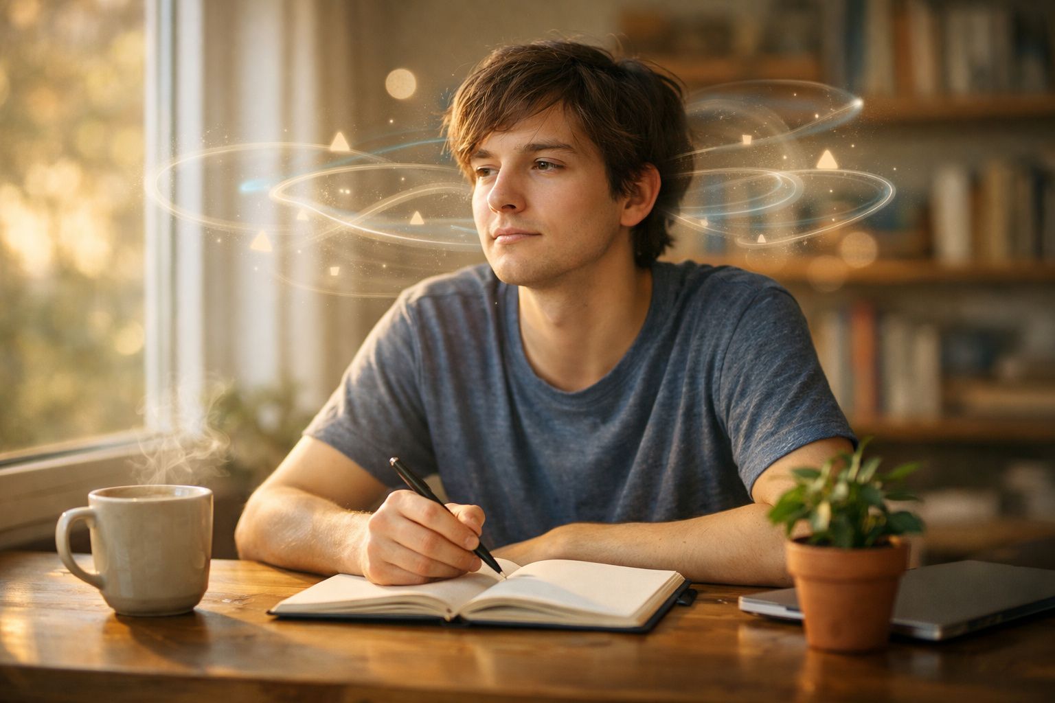 Jovem a escrever num caderno, pensativo, sentado numa mesa com chá e planta perto da janela iluminada.