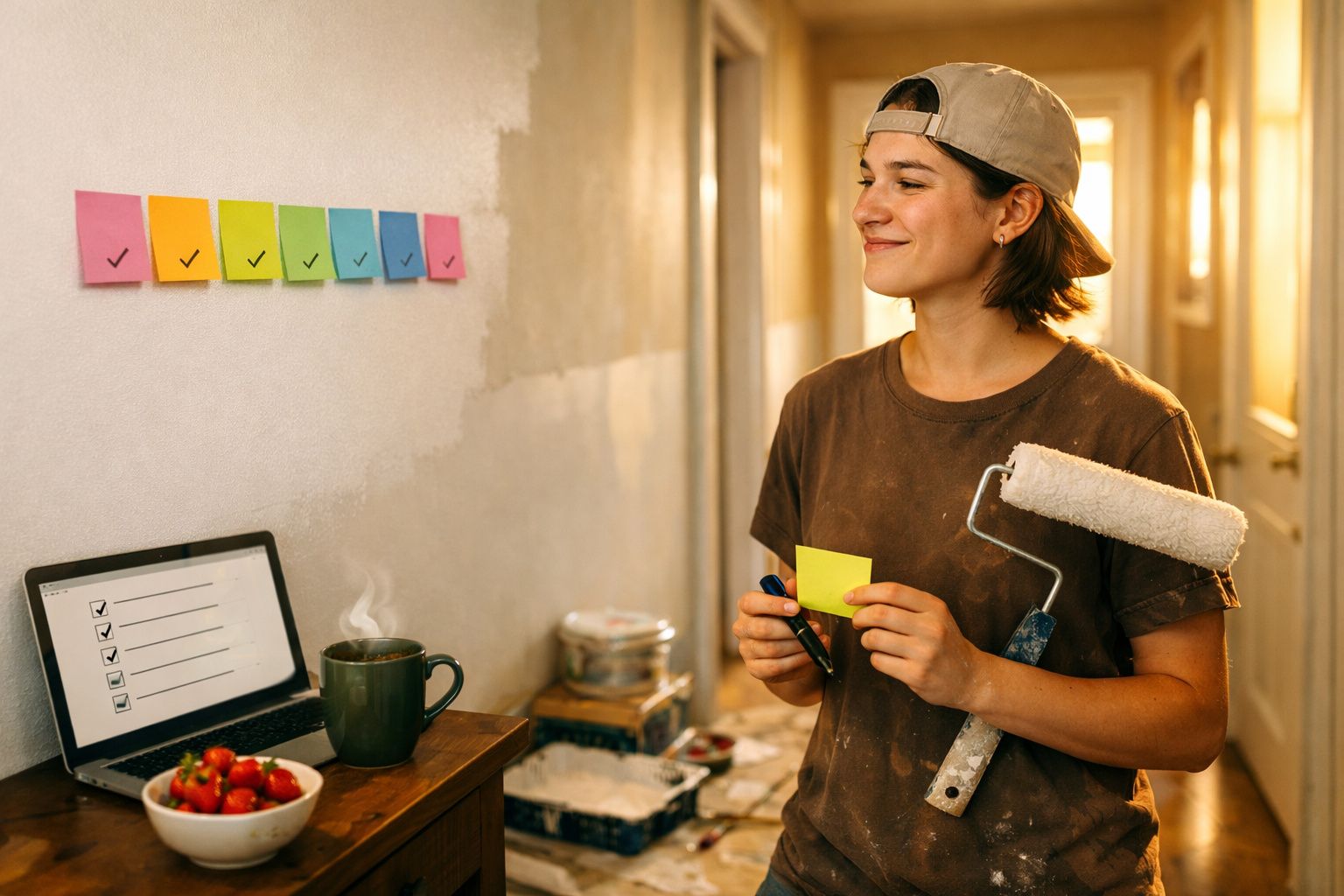 Mulher a pintar casa, segurando rolo e notas adesivas coloridas com tarefas assinaladas numa parede.