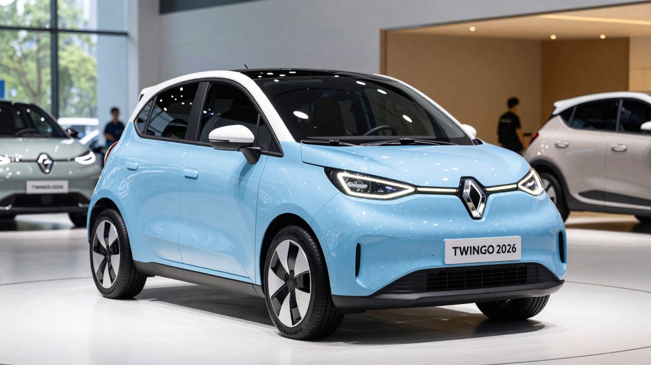 Automóvel azul claro Renault Twingo 2026 numa exposição indoor com luzes refletidas na carroçaria.