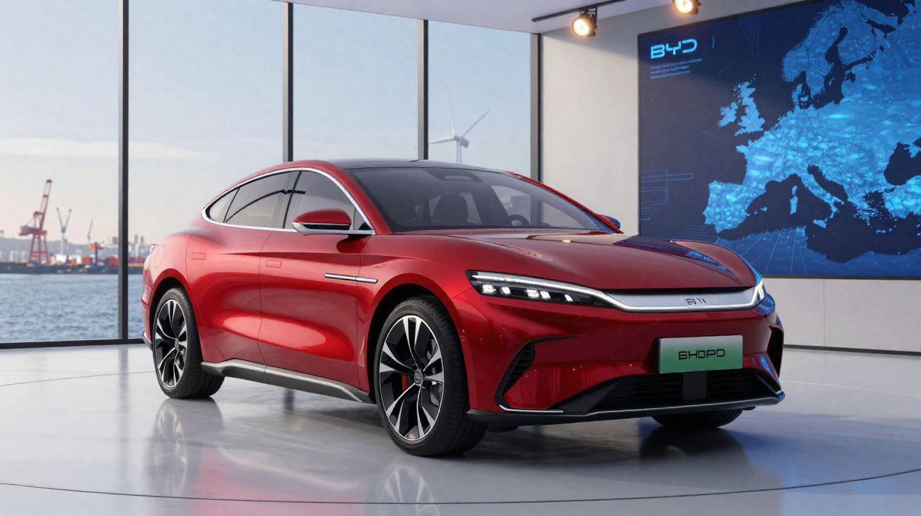 Carro elétrico vermelho BYD EM7 num showroom moderno com vista para o mar e eólicas ao fundo.