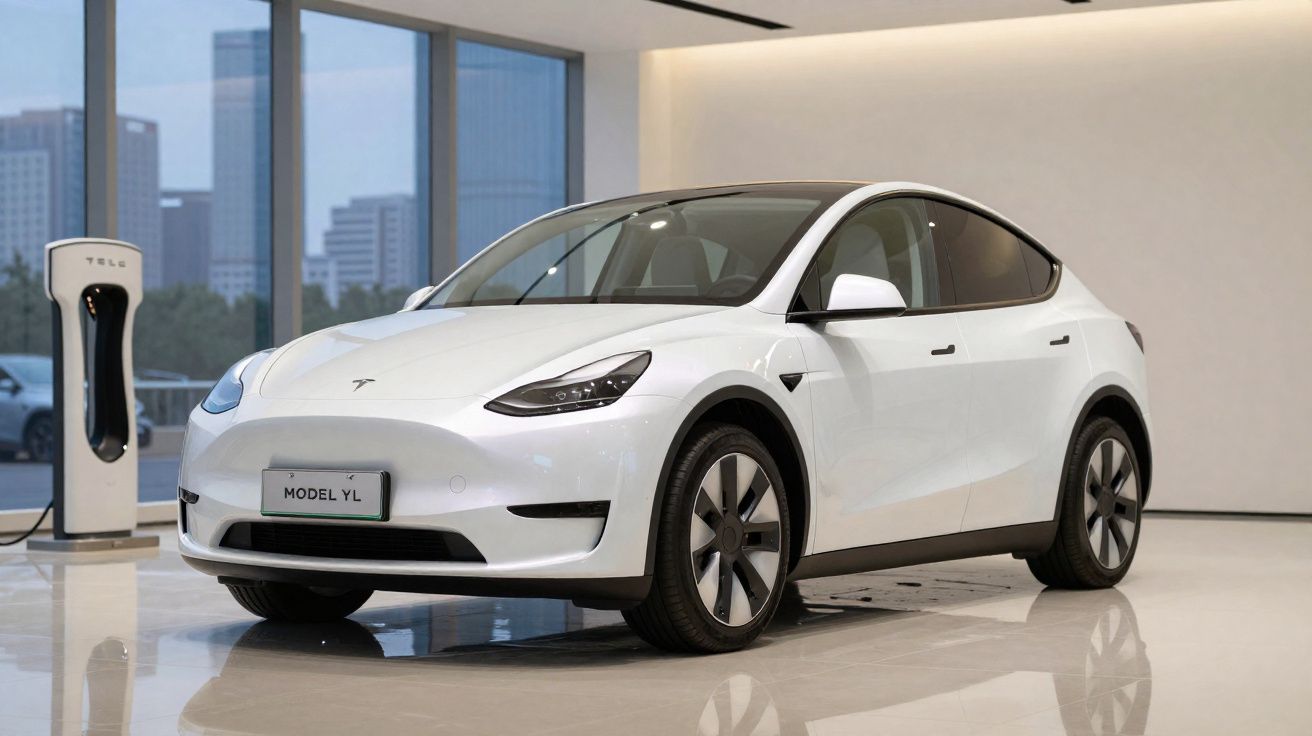 Carro elétrico Tesla Model Y branco numa sala com carregador Tesla ao fundo e vista urbana pelas janelas.