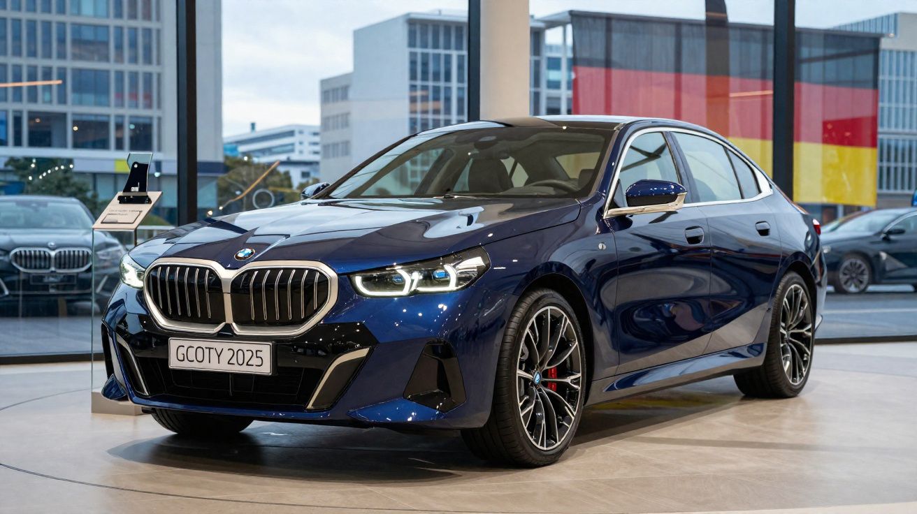 Carro BMW azul escuro exibido numa sala de exposições com grandes janelas.