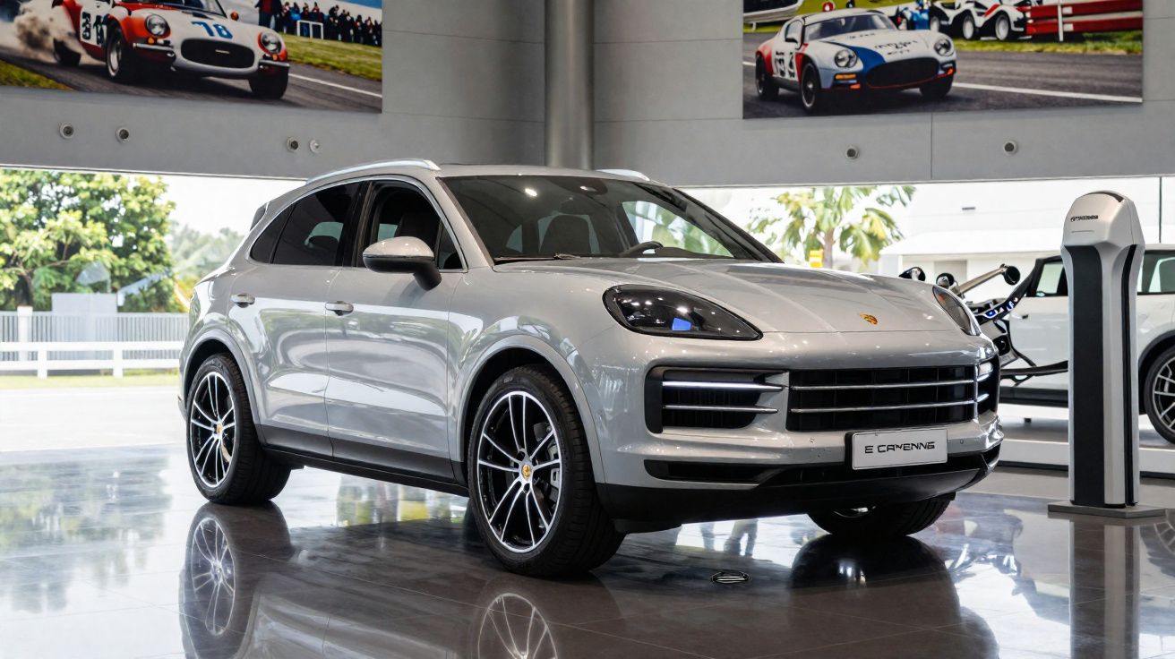 Carro Porsche Cayenne prata exposto numa sala de showroom com chão refletor e decoração de carros desportivos.