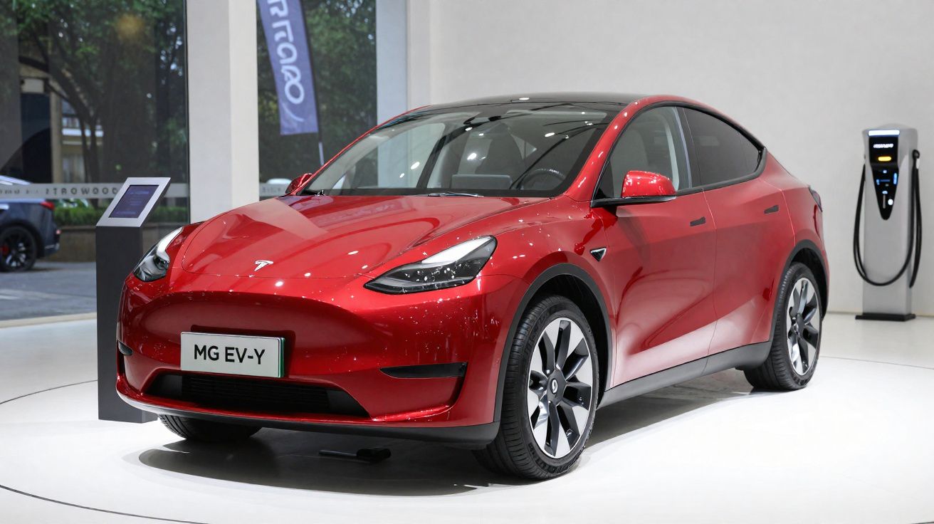 Carro elétrico vermelho Tesla Model Y exposto em salão com carregador ao fundo.