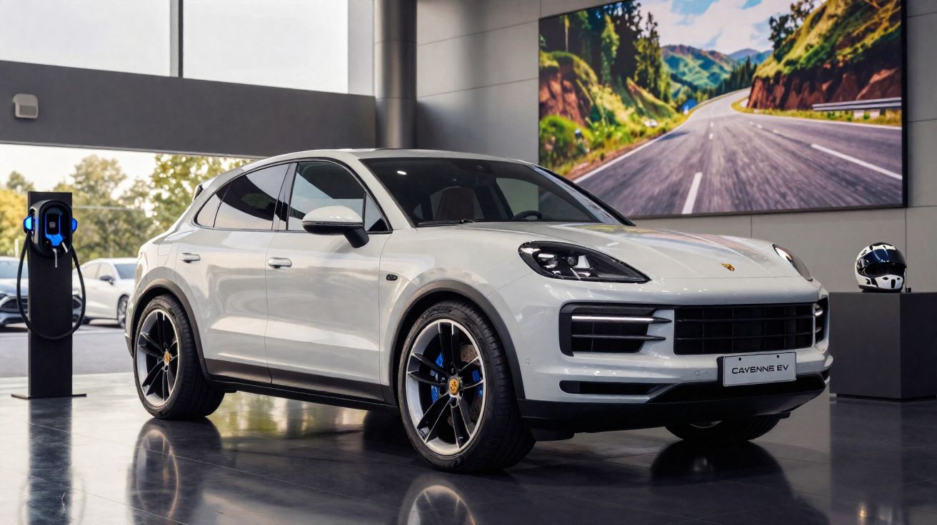 Carro elétrico branco Porsche Cayenne EV estacionado em showroom moderno com carregador ao lado.