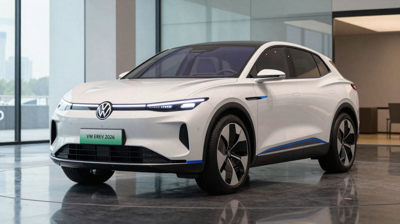 Carro elétrico branco VW EREV 2026 estacionado em interior moderno com chão refletor.