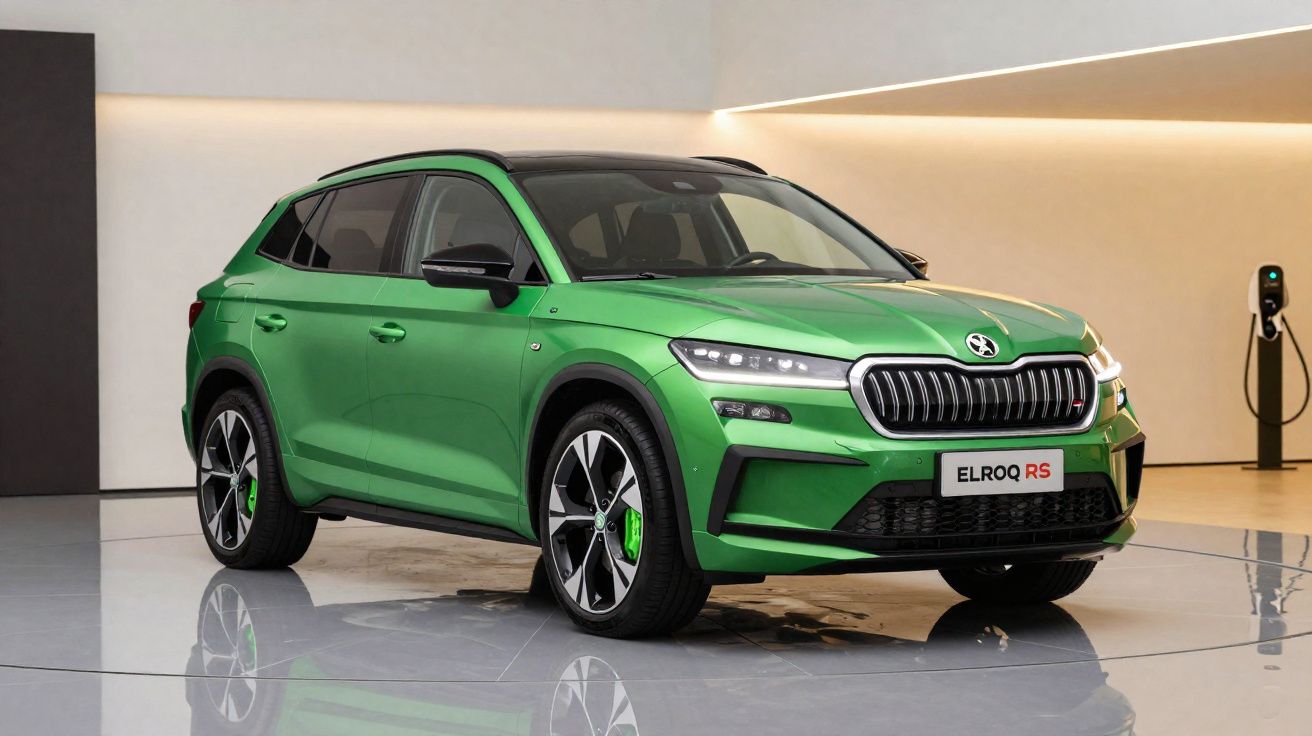 SUV elétrico verde Skoda Elroq RS estacionado em showroom moderno com parede branca e carregador elétrico ao fundo.