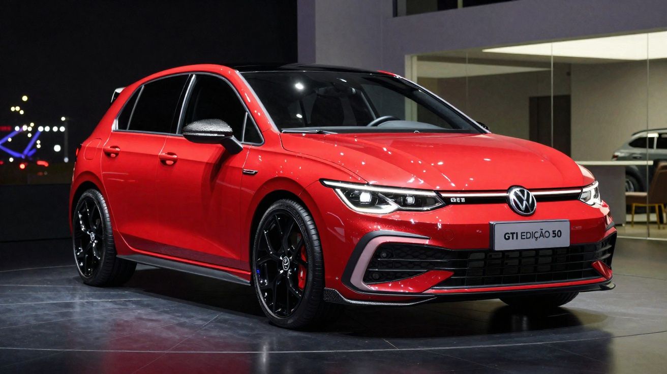 Carro Volkswagen Golf GTI edição 50 vermelho, com jantes pretas e luzes LED, em exposição interior.
