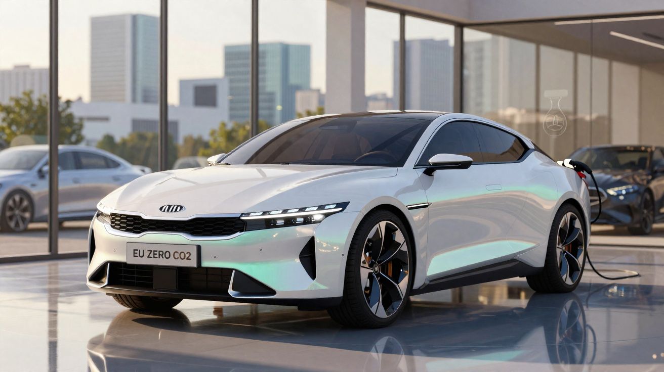 Carro elétrico branco da Kia em carregamento numa loja moderna com janelas grandes e edifícios ao fundo.