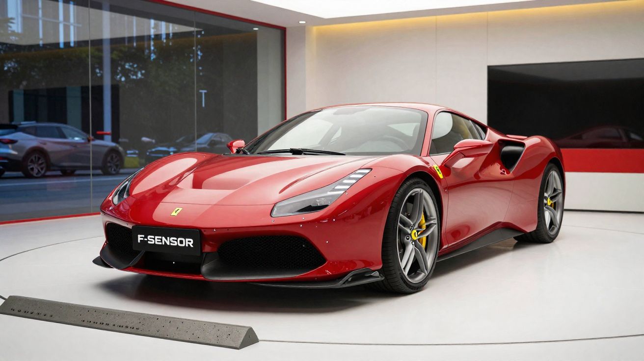 Carro desportivo vermelho da marca Ferrari num showroom moderno com piso branco e paredes claras.