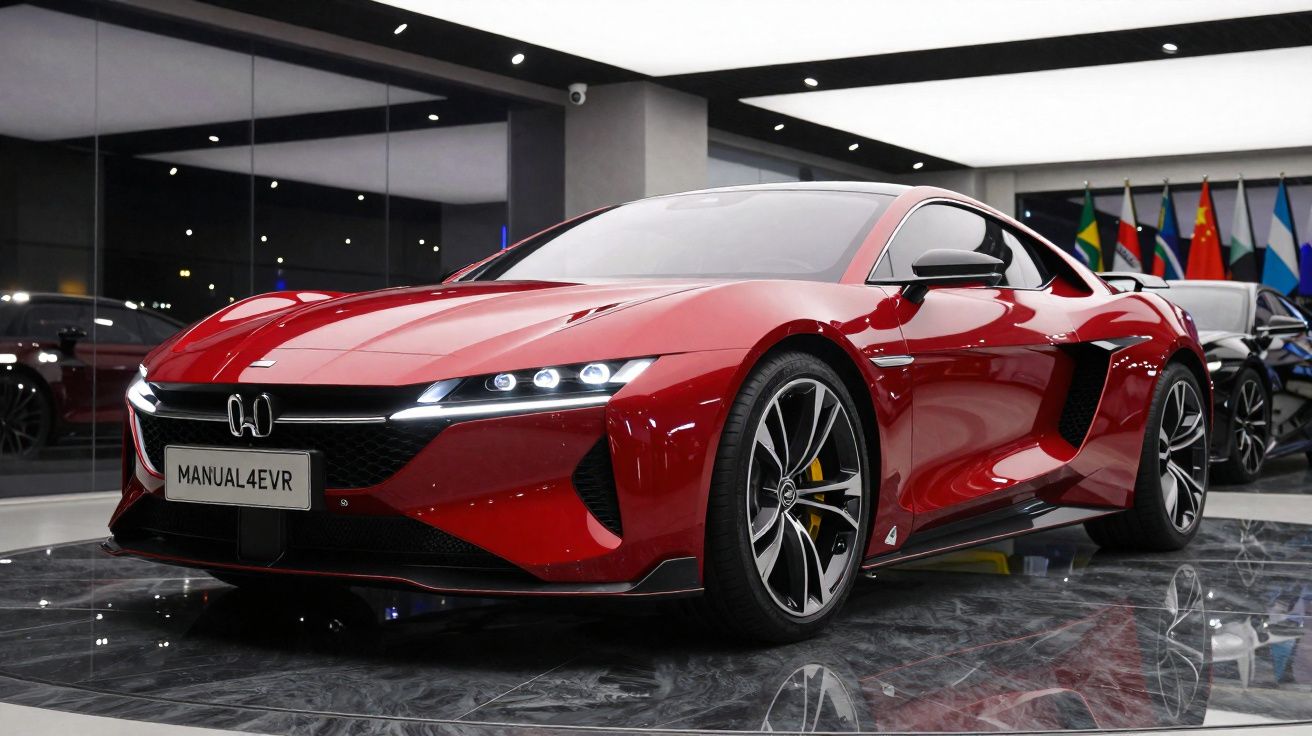 Carro desportivo vermelho brilhante estacionado em sala moderna com bandeiras no fundo.