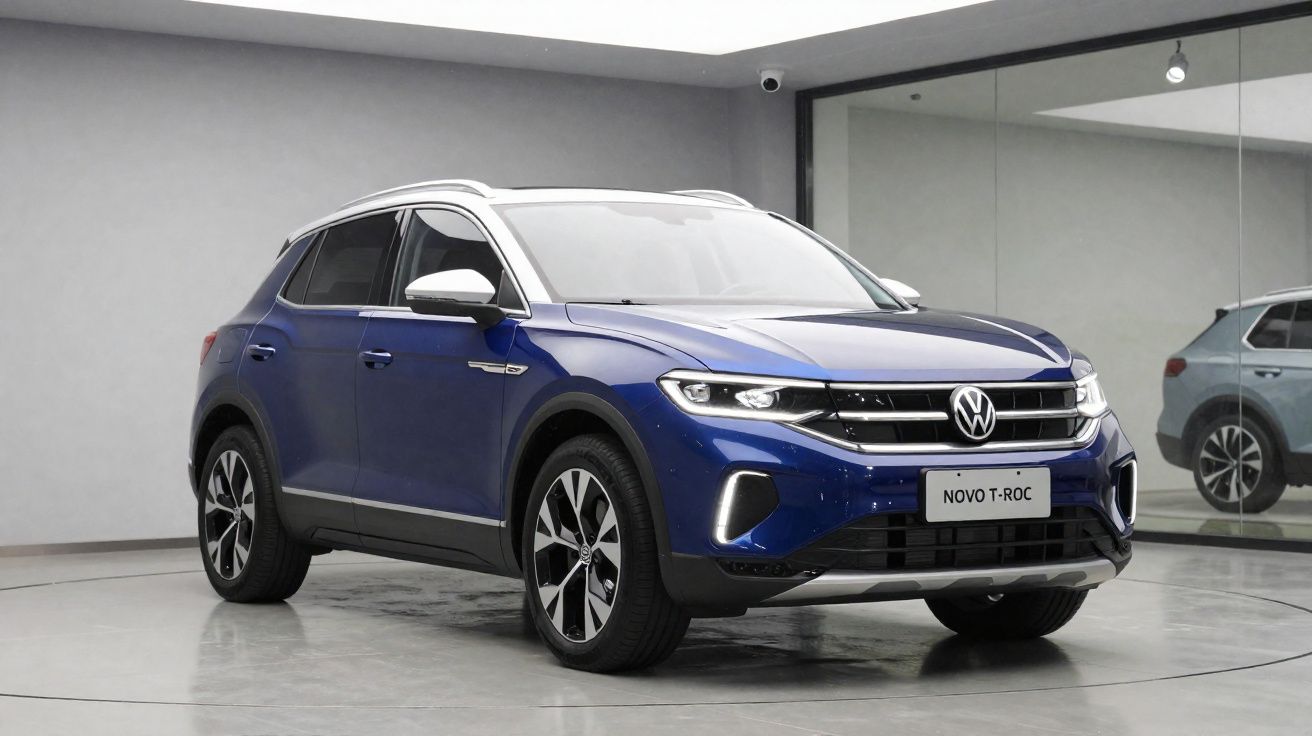 Carro SUV Volkswagen T-Roc azul escuro com tejadilho branco estacionado em showroom com chão cinzento.