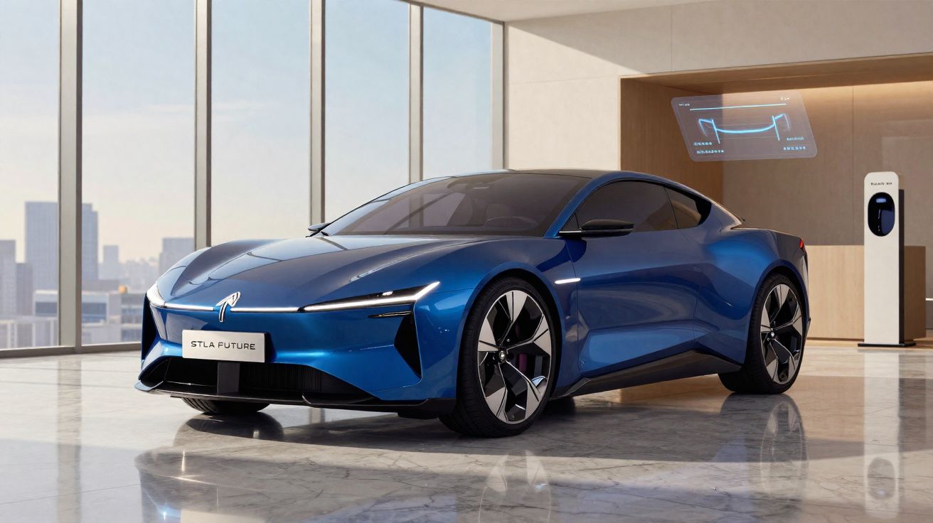 Carro elétrico desportivo azul estacionado em showroom moderno com carregador e vista urbana ao fundo.