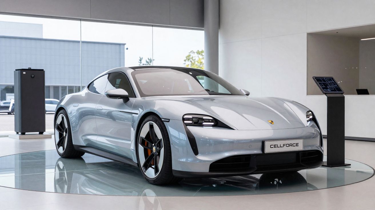 Carro desportivo elétrico Porsche Taycan prata exposto em showroom moderno com piso brilhante.