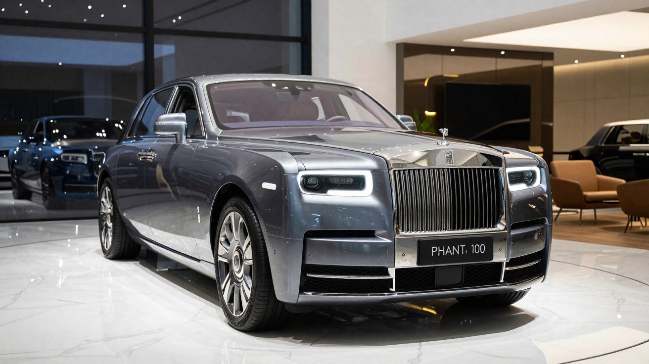 Carro de luxo Rolls-Royce Phantom cinzento exposto em showroom moderno com chão de mármore branco.