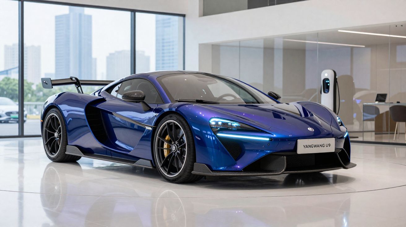 Carro desportivo azul metálico em showroom moderno com carroçaria aerodinâmica e detalhes pretos.