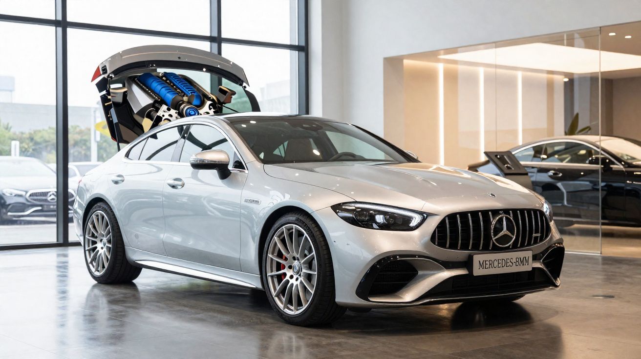 Mercedes-Benz prata com porta-malas aberto, exposição interna num showroom moderno e espaçoso.