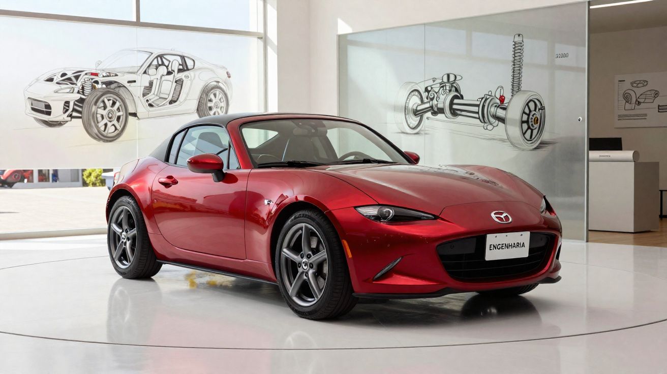 Carro desportivo Mazda MX-5 vermelho exposto em sala clara com desenhos técnicos ao fundo.