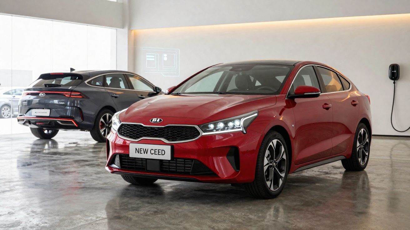 Dois carros Kia New Ceed, um vermelho à frente e um cinza ao fundo, expostos numa sala moderna e iluminada.