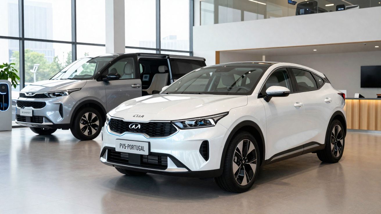Automóveis Kia modernos em exposição numa concessionária com interior amplo e luminoso.