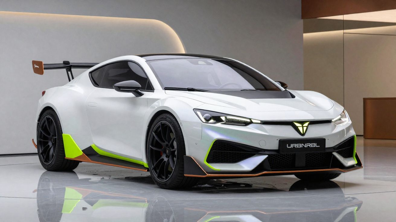 Carro desportivo branco com detalhes em verde e laranja, com design aerodinâmico e asa traseira grande.