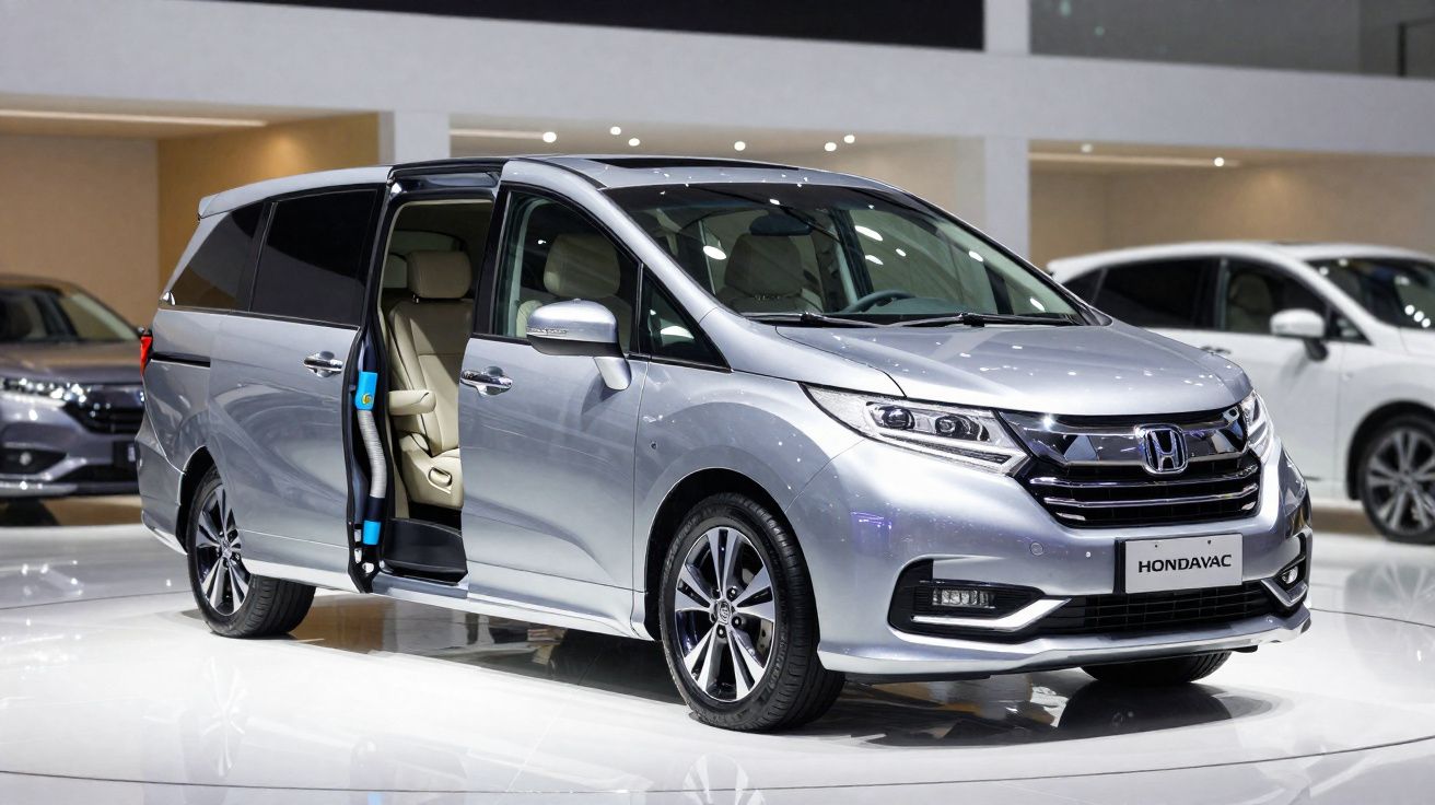 Carro familiar Honda prata com porta lateral deslizante aberta em exposição interior.